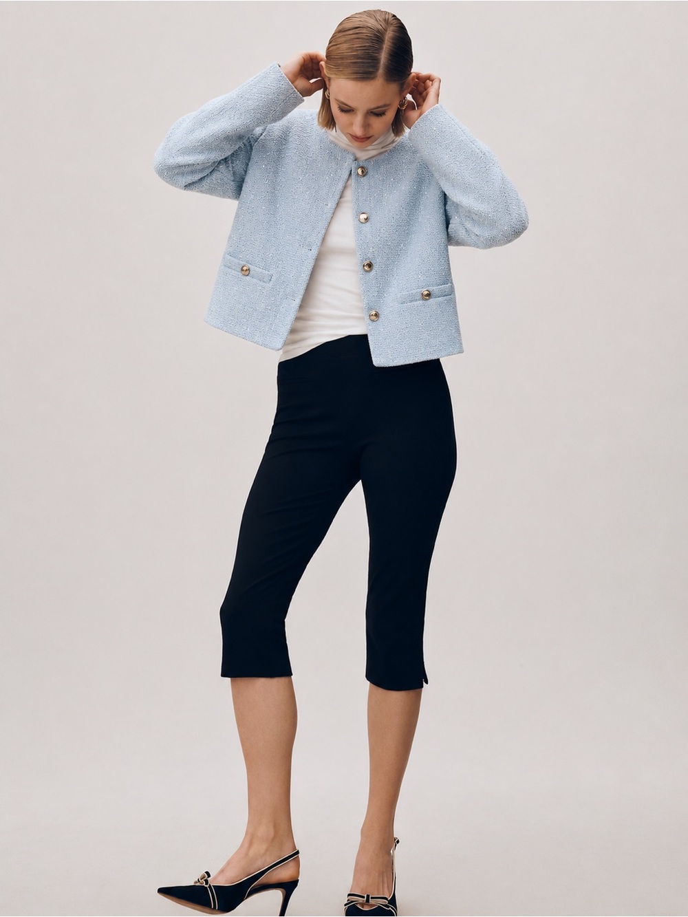 Zara | Blogger Fav Chic Baby Blue Tweed Cropped Blazer Gold Buttons ~ Large